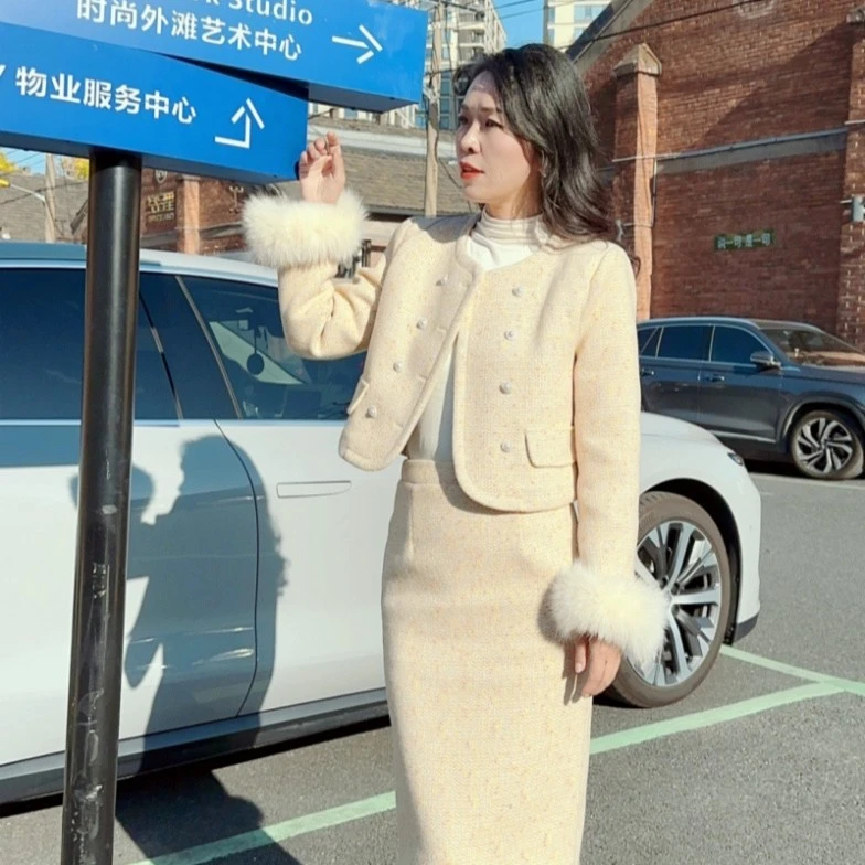 冬季名媛千金风小香羽绒服套裙气质时尚狐狸毛羊毛外套半裙两件套