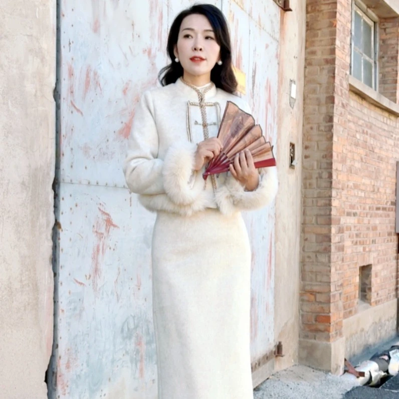 冬季新中式复古立领盘扣狐狸毛羽绒套裙时尚气质名媛国风两件套女