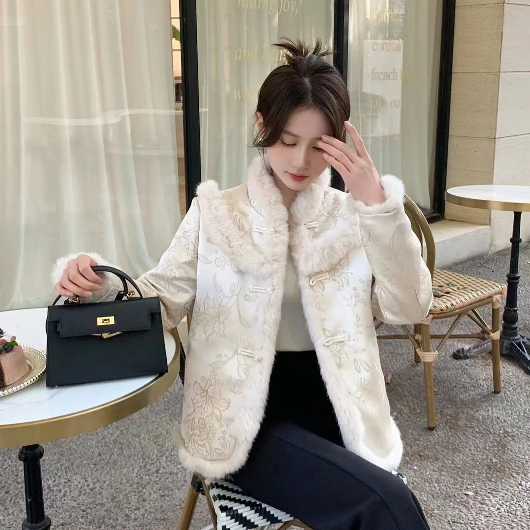 冬季中式立领时尚气质短款羽绒服新款毛领白色拼接复古加厚国风外