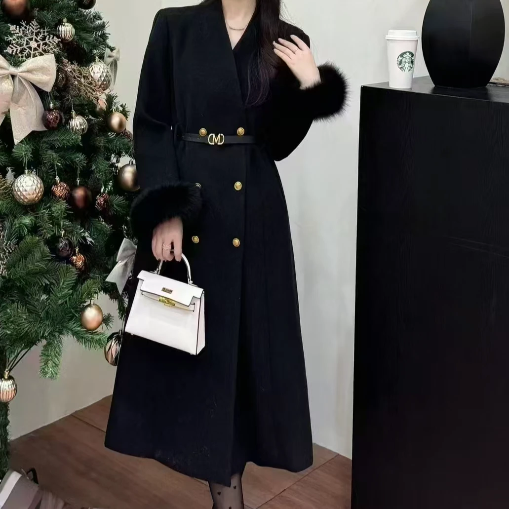 大牌轻奢黑色冬装狐狸毛袖双排扣中长款羽绒毛呢大衣时尚气质显瘦
