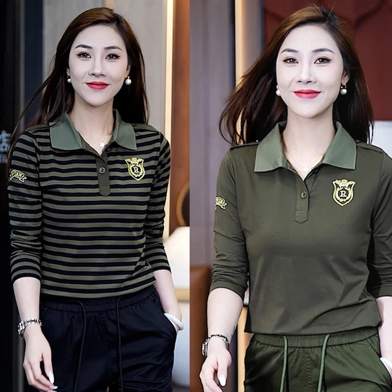 【单件】新款秋装女士休闲长袖T恤宽松韩版翻领弹力修身显瘦上衣