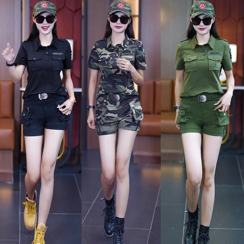 夏装新款迷彩服短袖短裤套装女休闲薄款上衣翻领T恤修身显瘦套装