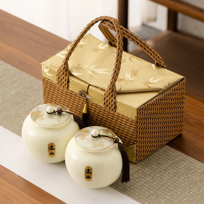 中式藤编布包陶瓷罐茶叶礼盒包装盒空盒子红茶绿茶白茶通用定制