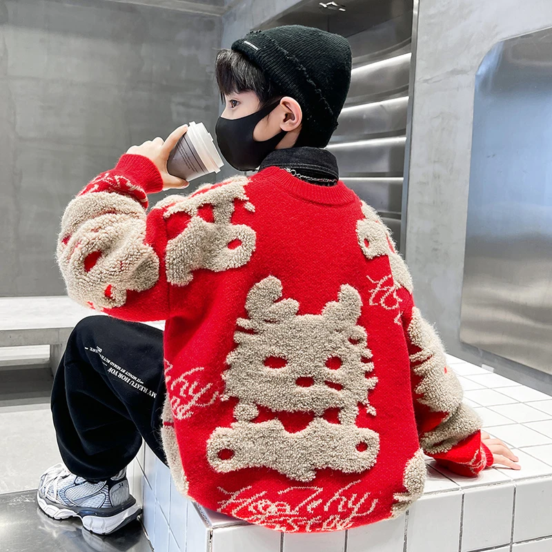 男童毛衣6-12岁加厚红色潮款2024新款本命年龙年秋冬款新年过年服