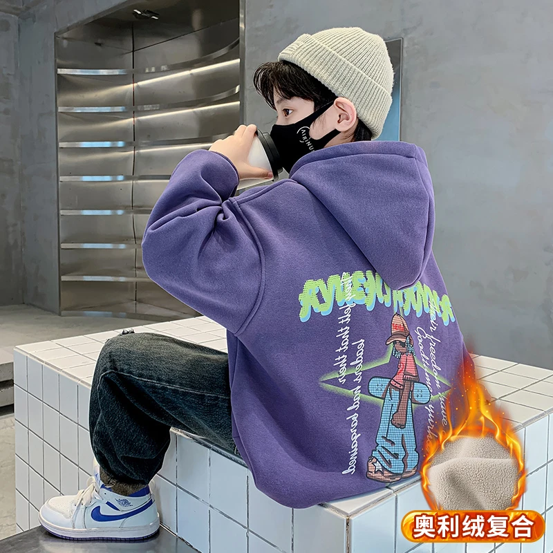 加绒加厚卫衣2023新款中大童儿童男孩连帽上衣秋冬款6-12岁潮男童