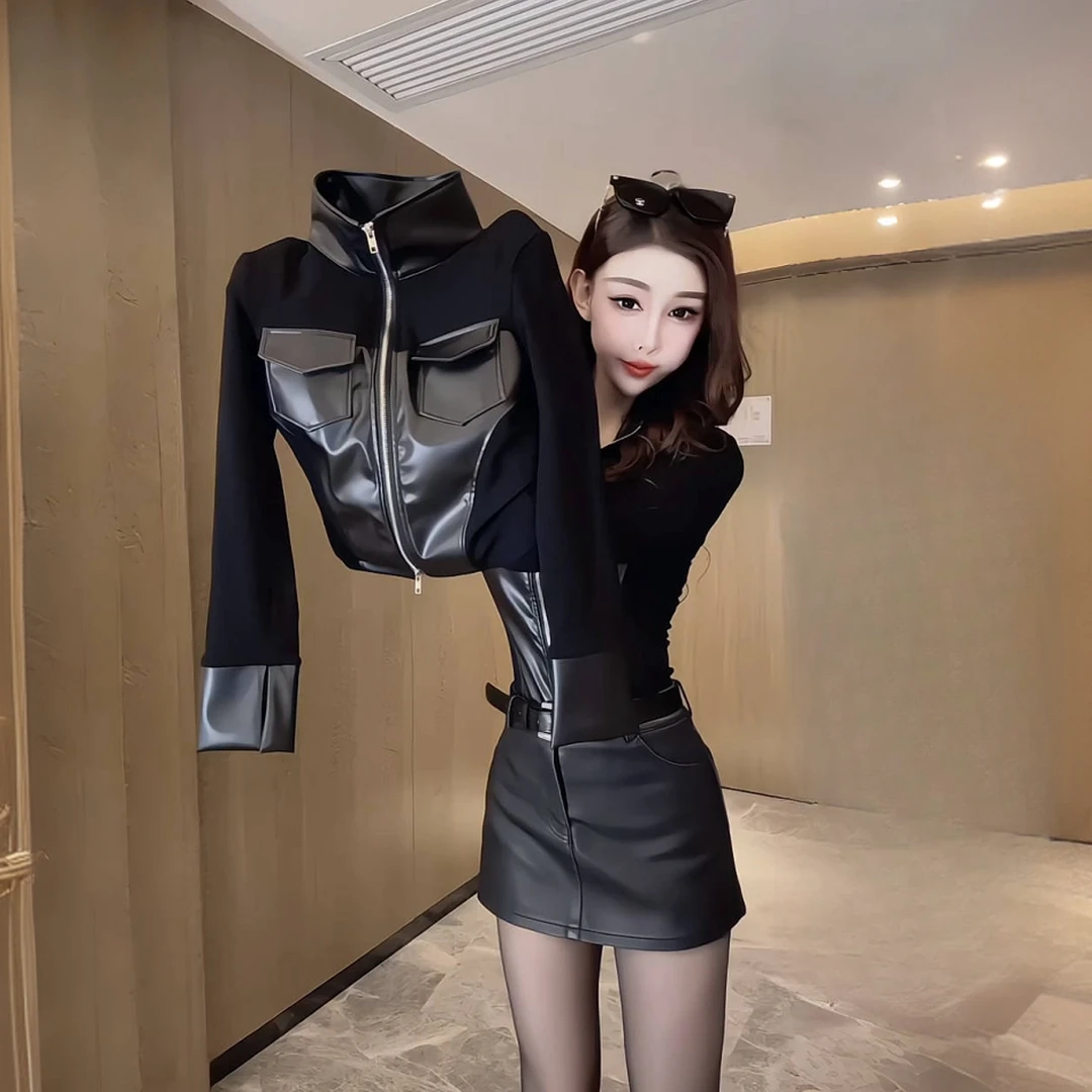 拼接pu皮气质长袖2024收腰衬衫冬季新款上衣pu皮短款打底衫女