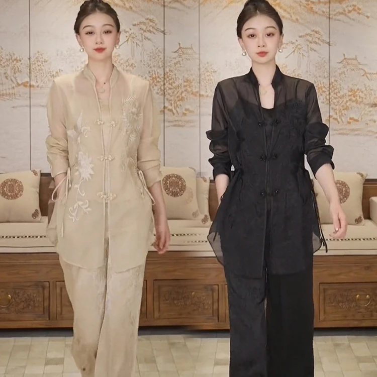 新中式时尚套装女24春季长袖系带中长款开衫吊带背心阔腿裤三件套