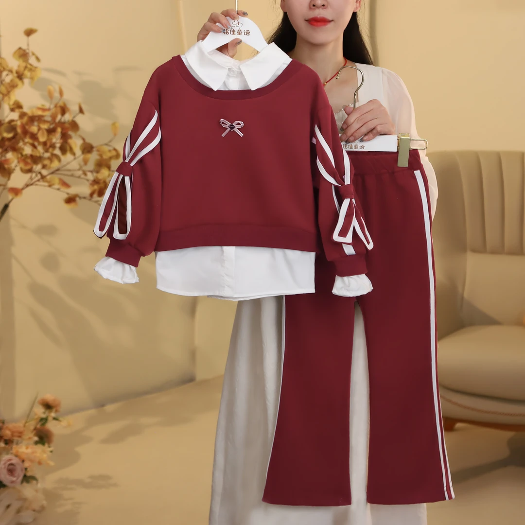 女童2024秋新款洋气时髦套装中大童假两件针织卫衣套装4330002141