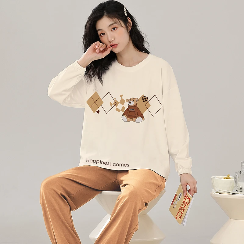 【带胸垫】睡衣女春秋100%棉纯棉长袖长裤圆领外穿家居服套装23112