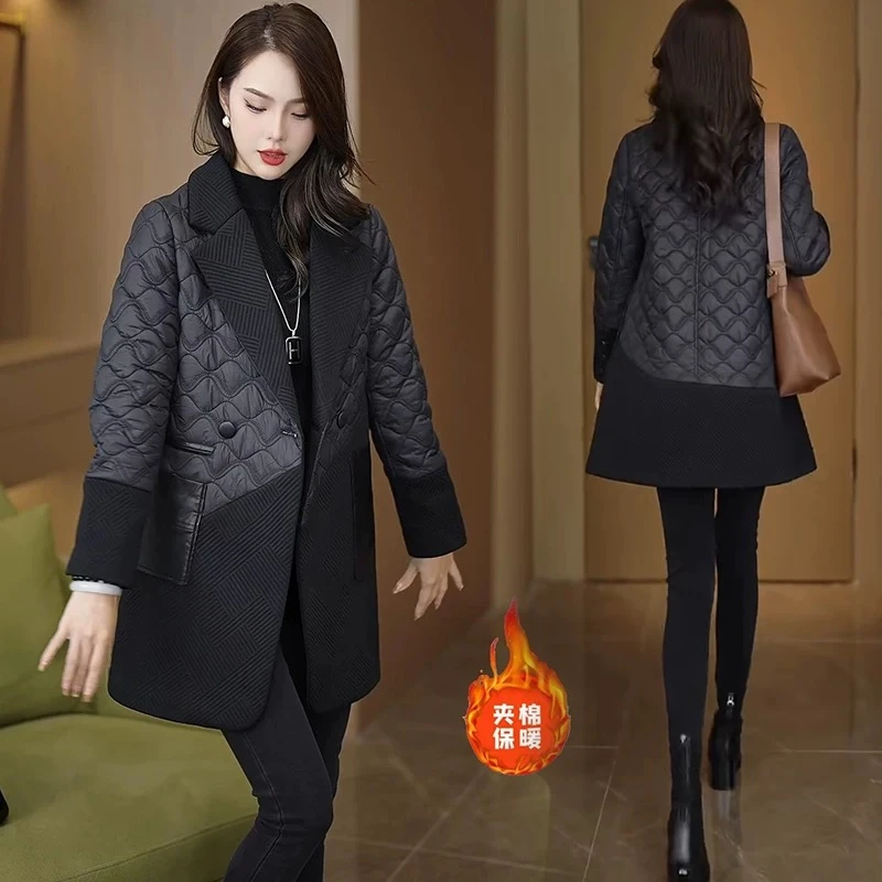 中长款棉衣外套女秋冬时尚气质显瘦西装领棉服轻薄棉袄潮