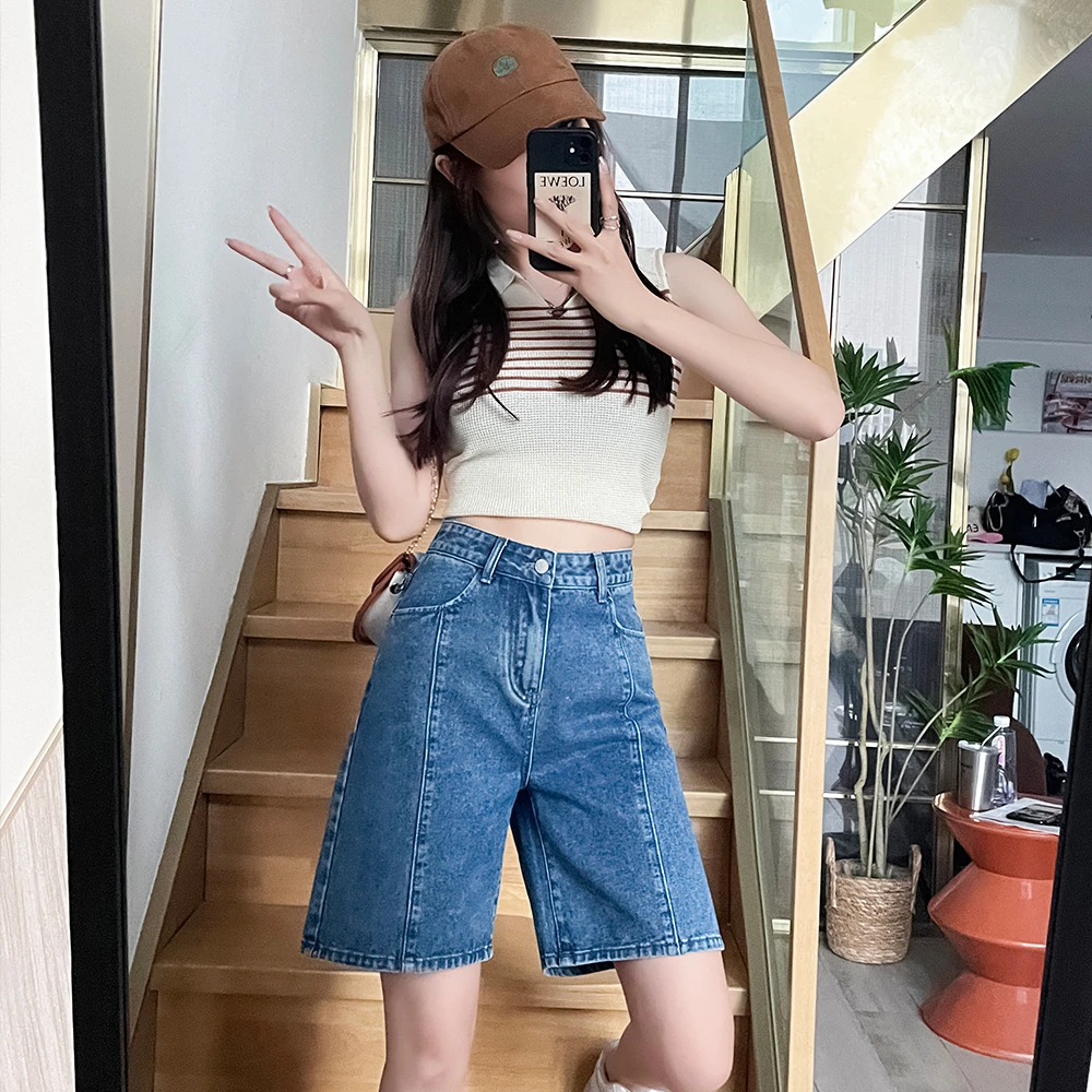 撞色牛仔短裤女夏季薄款新高腰显瘦五分裤宽松直筒中裤潮6633