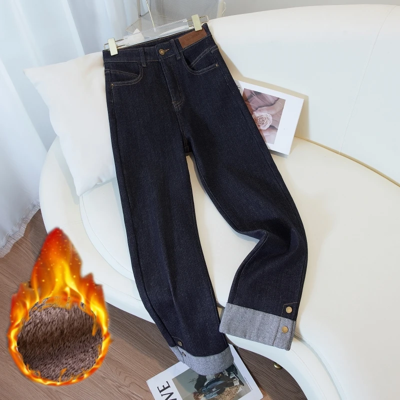秋冬加绒加厚小个子高腰烟管直筒裤牛仔裤女九分裤百搭显瘦潮8773