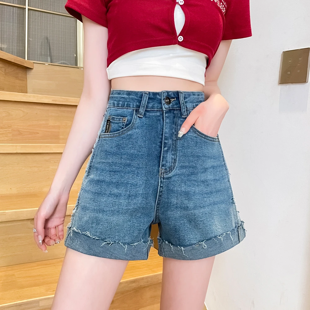 高腰牛仔短裤女夏季新款薄款宽松弹力显瘦深色直筒热裤子6661