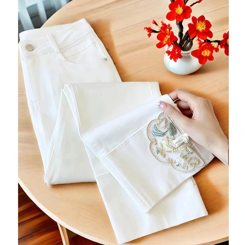 妙臻新中式直筒牛仔裤女秋季新款大码胖mm显瘦九分国风烟管裤2208