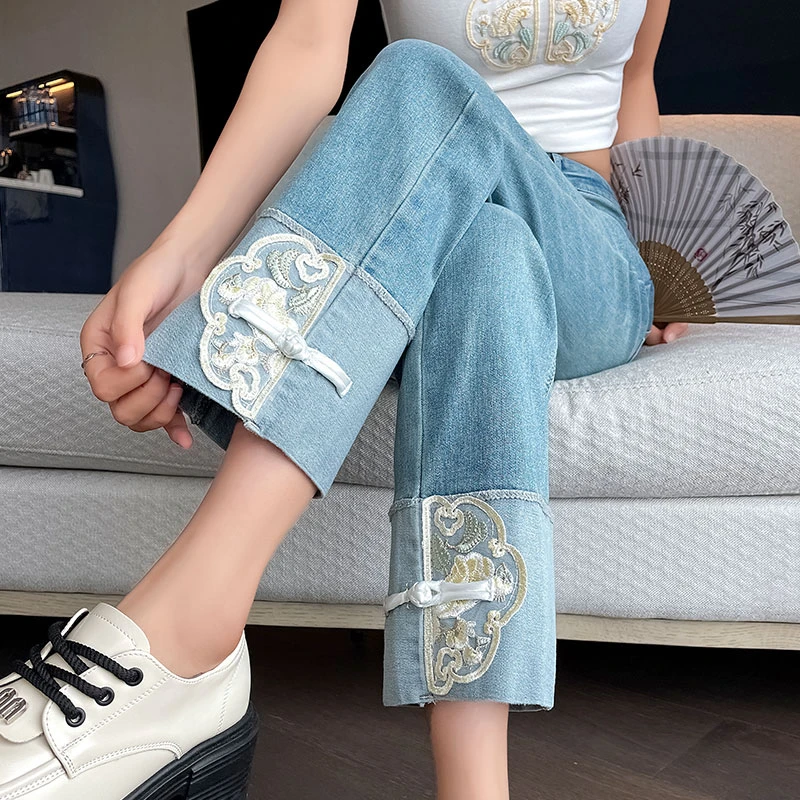 妙臻新中式直筒牛仔裤女秋季新款大码胖mm显瘦九分国风烟管裤2208