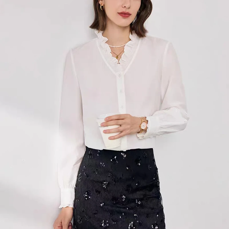高端精致V领白色衬衣荷叶边衬衣棉质V领上衣长袖木耳边衬衣大码衣