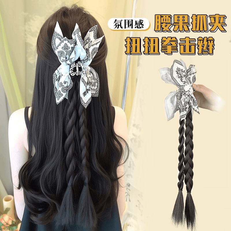 新中式腰果花抓夹麻花扭扭辫夏日清新风拳击辫仿真发假发辫马尾