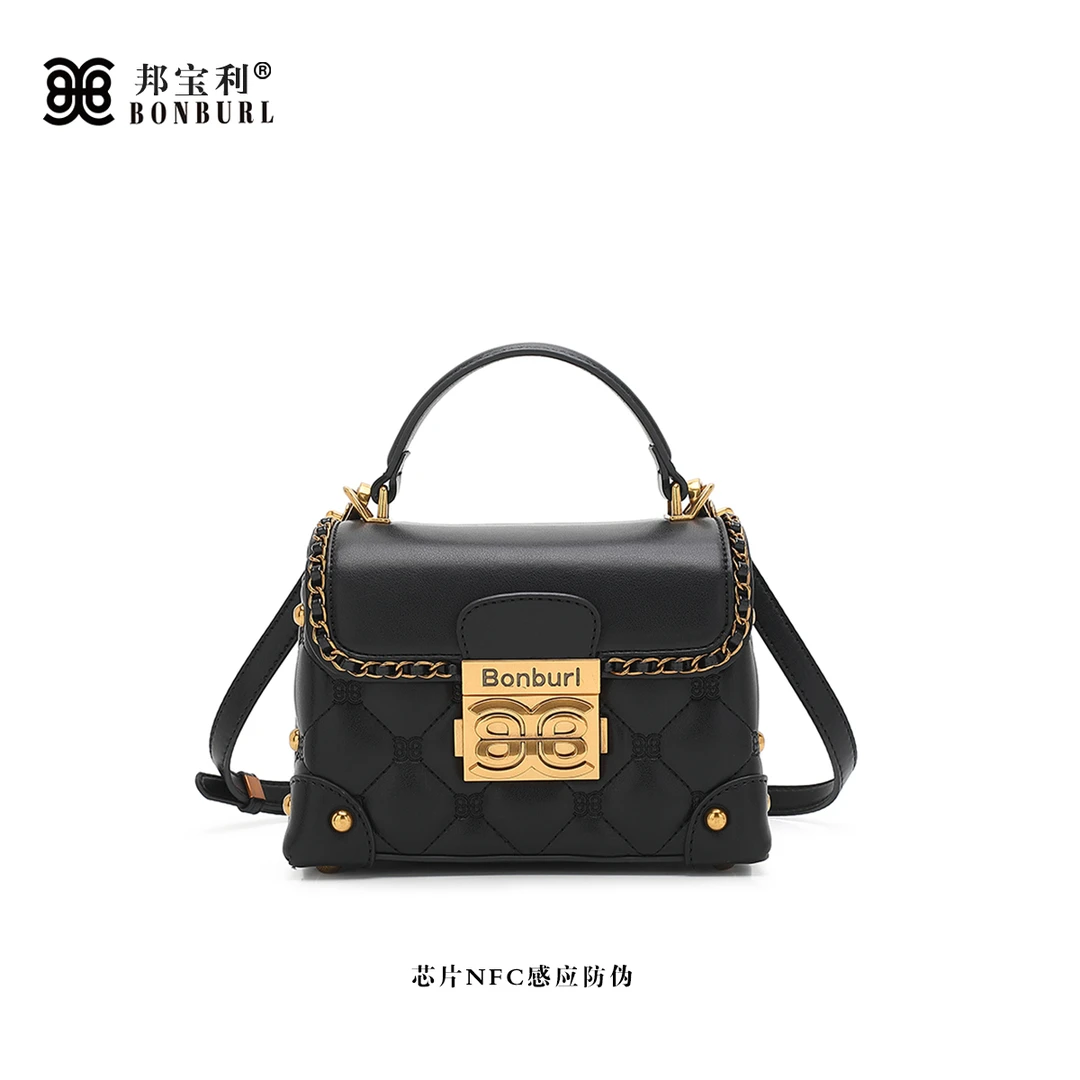 Bonburl/邦宝利女士秋冬款黑色盒子包时尚百搭单肩斜挎手提包2688