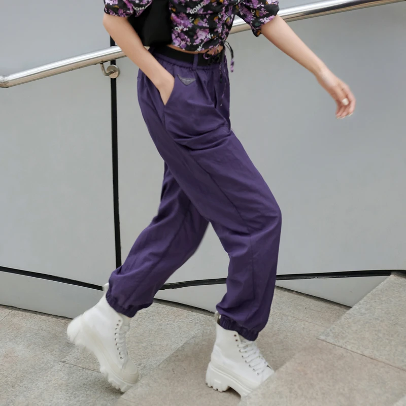 休闲裤XI102028A603深紫色束脚直筒裤松紧腰牛仔女装