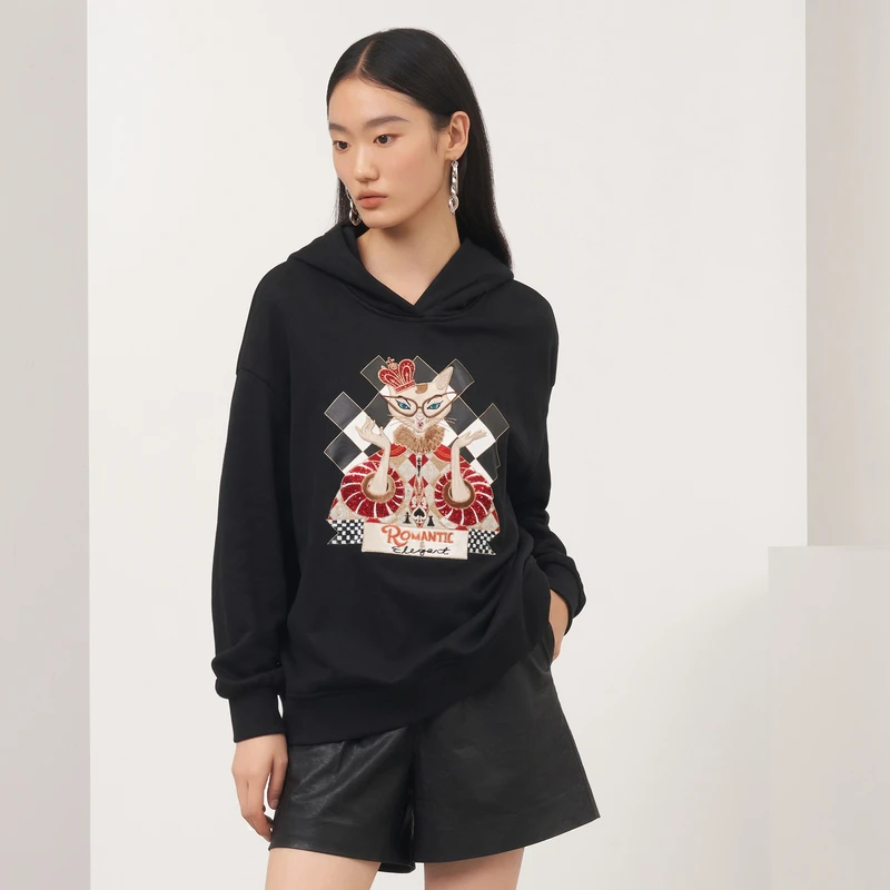 XG/雪歌XG雪歌黑色套头长袖连帽卫衣XH401018A790休闲卡通宽松
