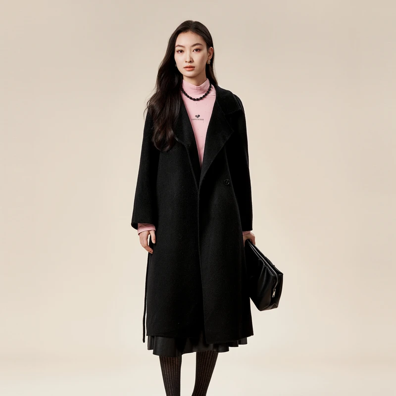 XG雪歌100%绵羊毛黑色毛呢外套XK410821A890韩版宽松显瘦女外套