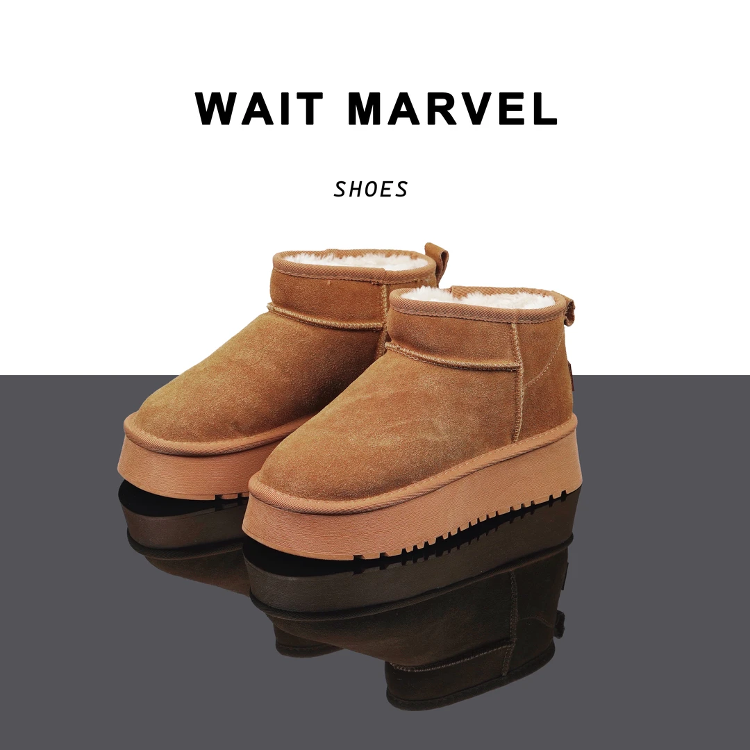 WAIT MARVEL厚底雪地靴女款加绒加厚2024秋季新款真皮短筒棉鞋女