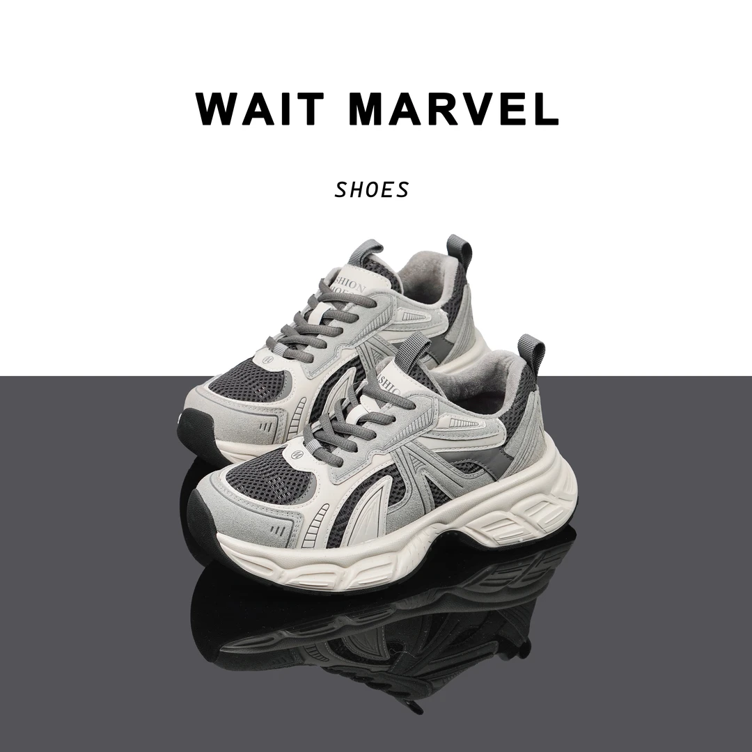 WAIT MARVEL厚底老爹鞋女做旧2024秋新款真皮百搭休闲保暖运动鞋
