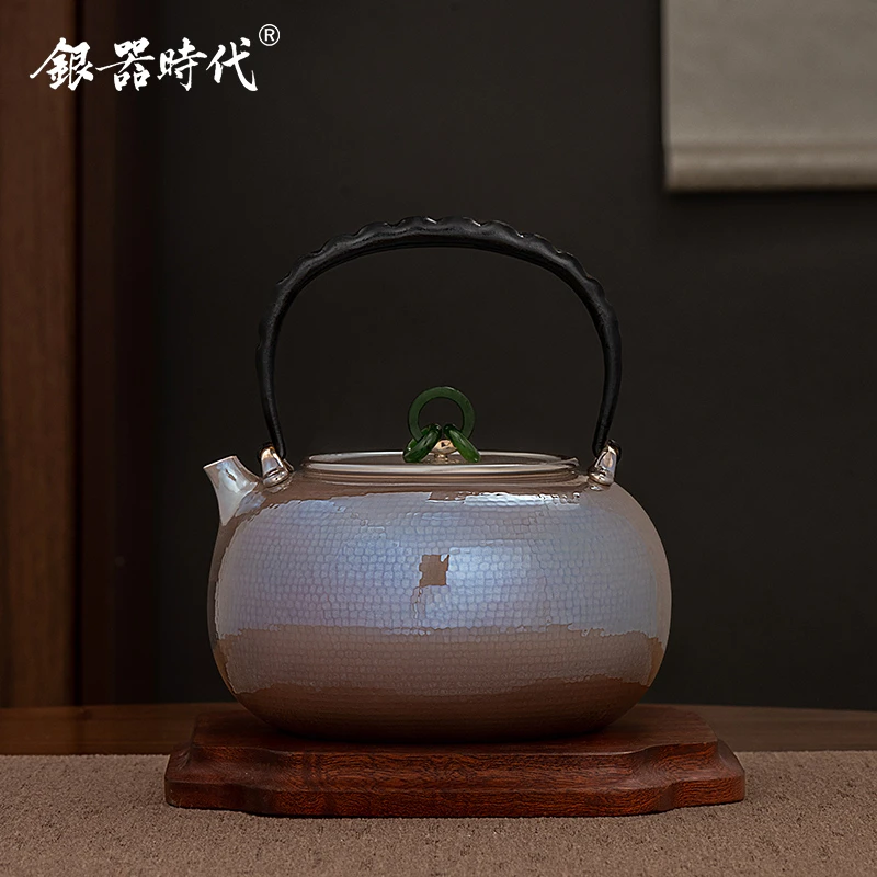 银器时代 银壶足银999烧水壶日式平丸形紫皮煮水壶茶道专用银茶具