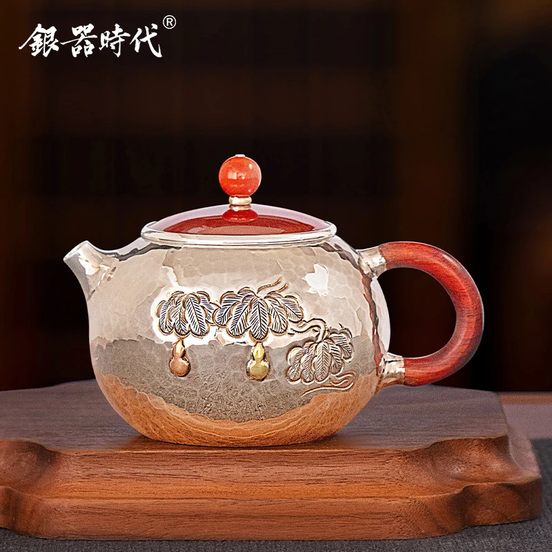 银器时代 泡茶壶足银999福禄双全银茶具纯手工银茶壶家用银壶茶道