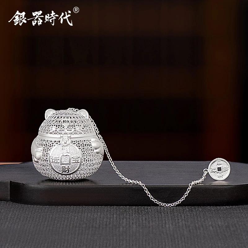银器时代 泡茶球足银999茶漏滤茶泡办公室创意可爱招财猫泡茶神器