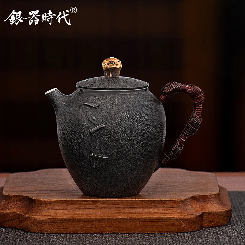 银器时代 银壶足银999泡茶壶宝瓶锯钉壶日式复古银茶壶足银冲泡壶
