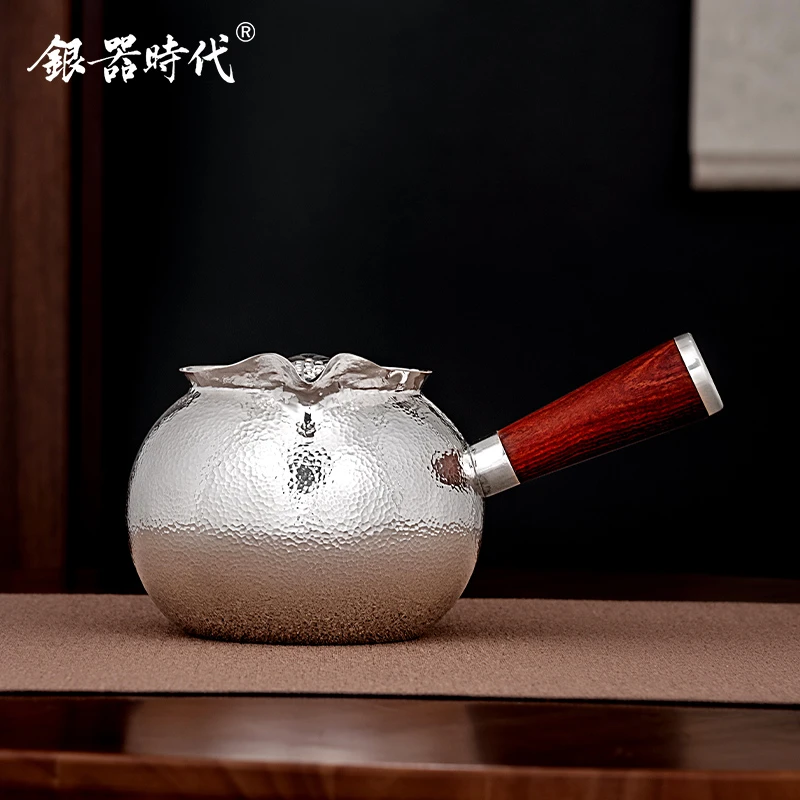 银器时代锤纹公道杯茶具大容量侧把分茶器足银999煮茶器茶海银杯