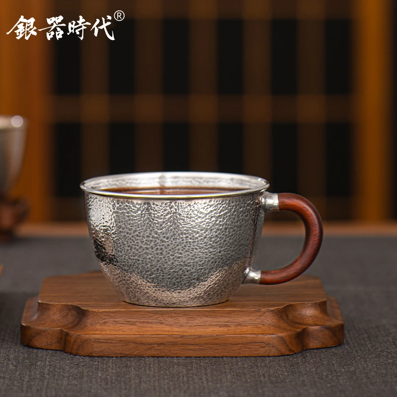 银器时代 足银999品茗杯檀木把手大容量主人杯待客杯咖啡杯银茶杯