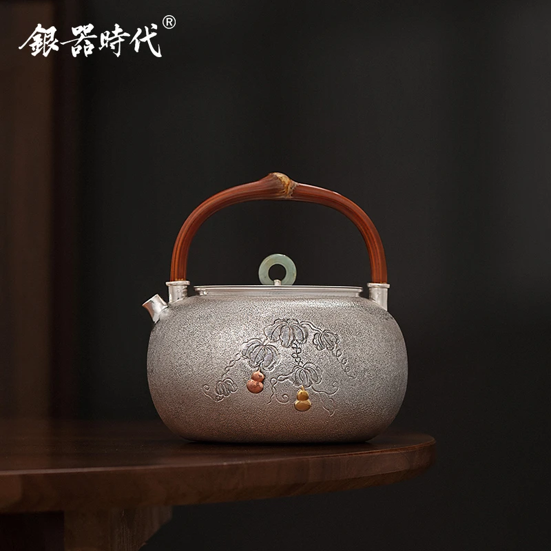银器时代 银壶足银999烧水壶福禄双全提梁泡茶壶煮茶壶煮水壶茶壶