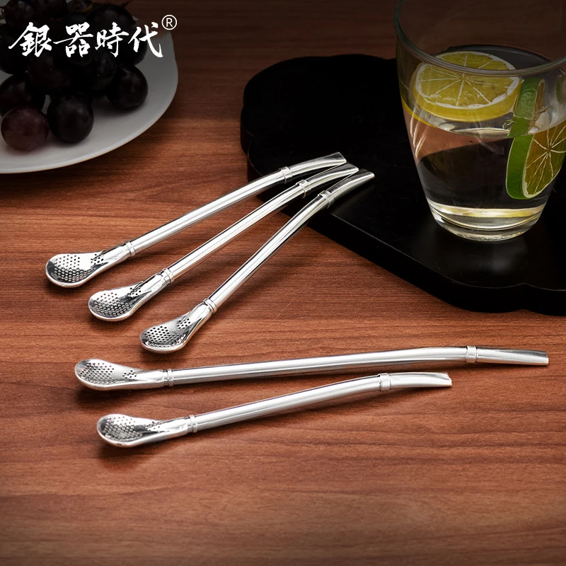 银器时代足银999手工吸管勺子一体两用咖啡果汁搅拌勺过滤银吸管