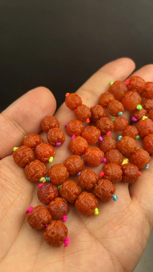 9mm瓦西料柿子红六字真言对珠（随机发）