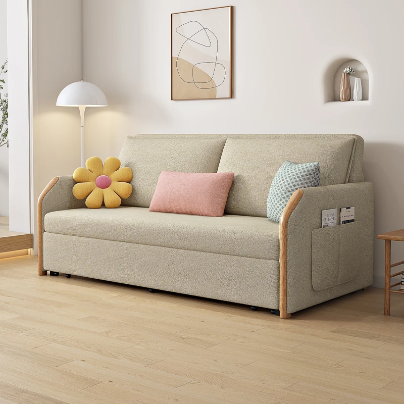 289棉麻布沙发床折叠简约多功能沙发床抽拉双人可储物小户型家用