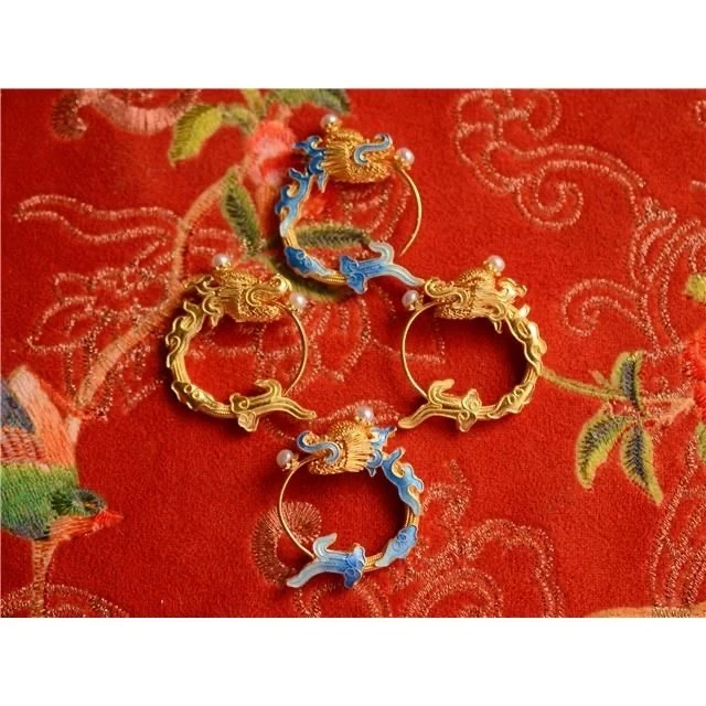 合金耳饰 古风个性时尚百搭【中国风】国潮搭配珐琅花丝仿古龙耳环|