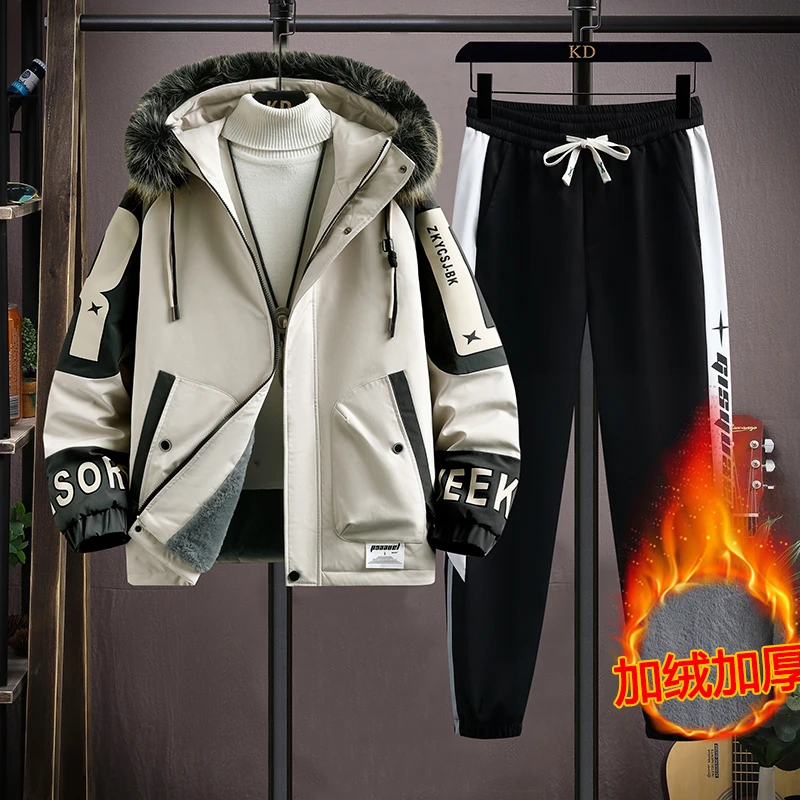 男士休闲外套青少年加绒加厚夹克帅气运动套装男款连帽宽松秋冬