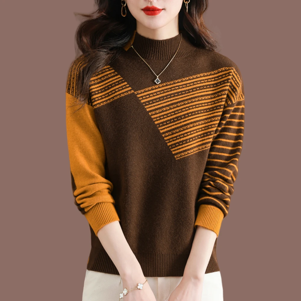 毛衣撞色女装中领打底衫新款2024年半高领时尚洋气百搭拼色针织衫