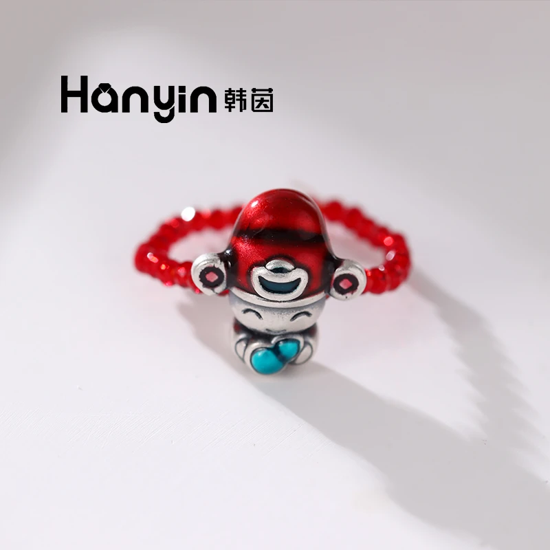 足银仿水晶戒指 国风新中式立体财神爷红色尖晶弹力戒指