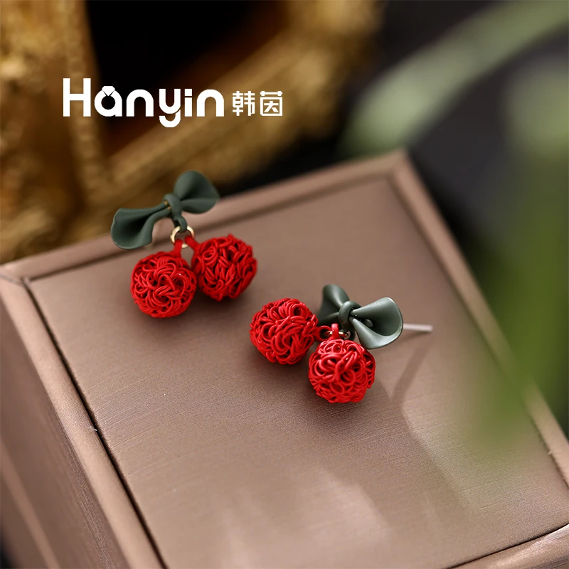 铜合金珐琅耳饰 东大门过年红色樱桃仙气质耳饰ins百搭精致小巧女