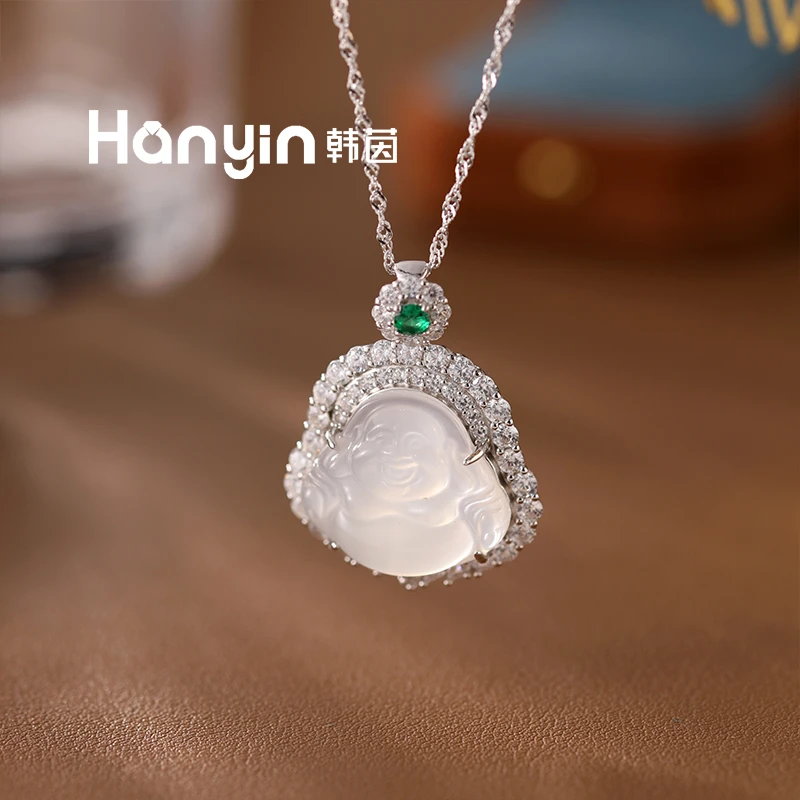 坠链均925银仿水晶 时尚百搭气质纯银满微镶通透大佛公水波纹项链