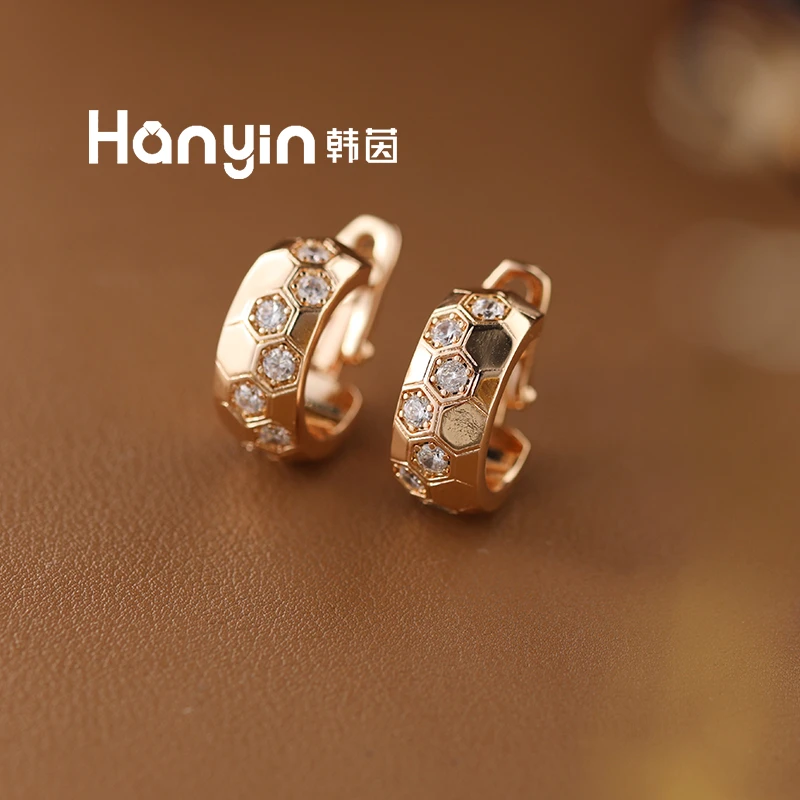 铜合金合成锆石耳饰 925银针气质蜂窝弹扣耳钉AAA