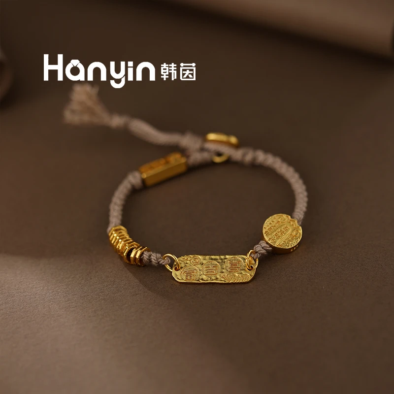 铜合金布艺手链 时尚百搭新中式五路财神富吉喜吊牌盘缠布绳手链