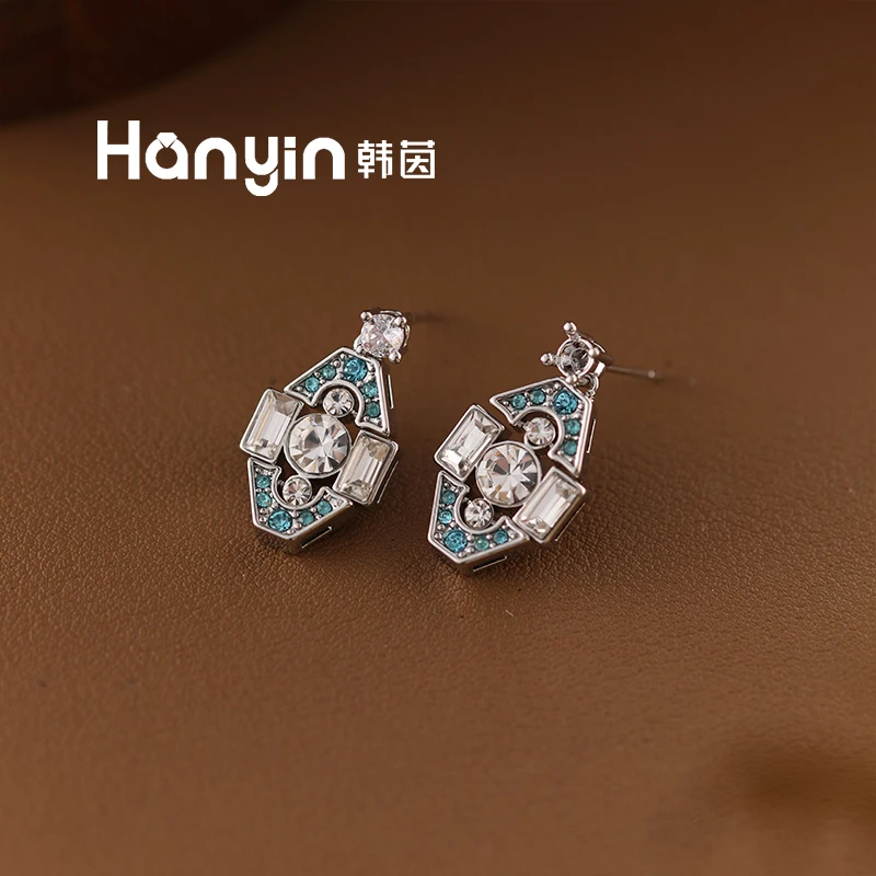 铜合金合成锆石耳饰 925银针光面微镶灵动拼接八边形流苏耳钉AAA