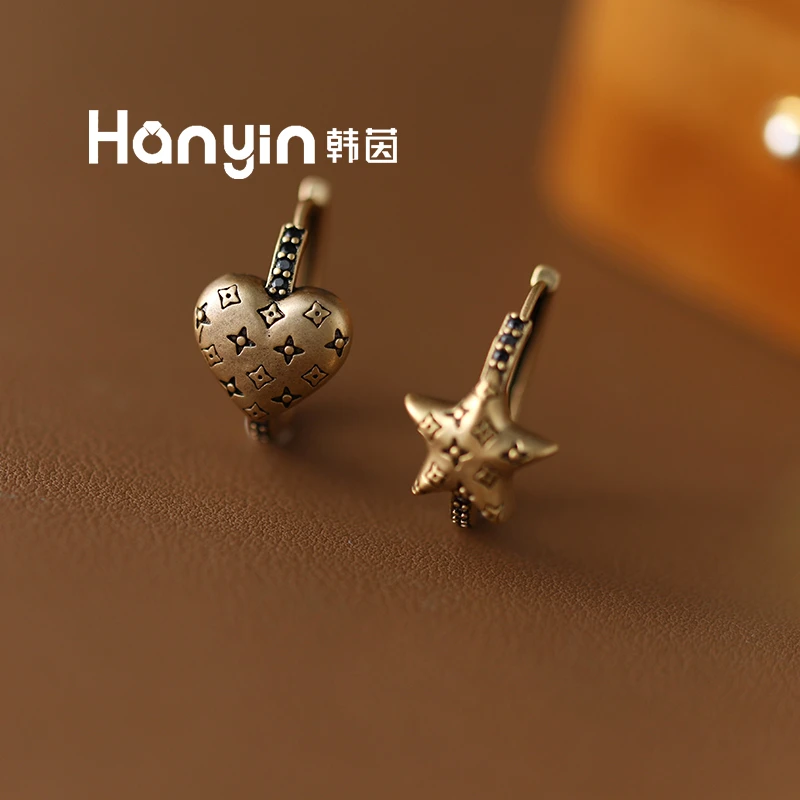 铜合金耳饰 五角星爱心不对称老花做旧耳扣小众复古设计感耳环ins