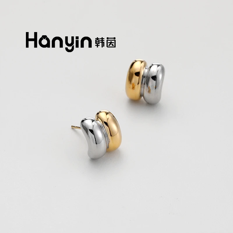 铜合金耳饰 925银针时尚百搭气质宽版撞色C形耳钉极简冷淡风AAA