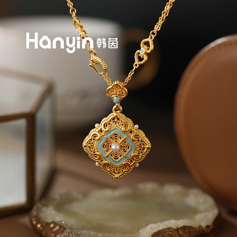 铜合金项链 时尚百搭新中式宋韵系列大号镂空方形如意圆珠项链ins