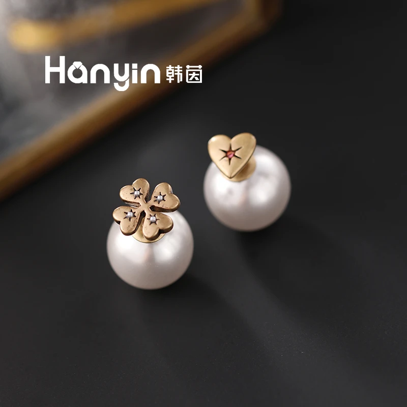 铜合金仿珍珠耳饰 925银针轻奢小众微镶AB款四叶草爱心耳钉AAA